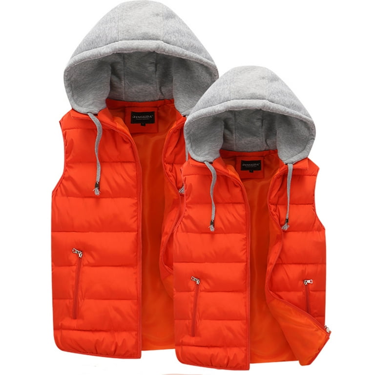 HAOTAGS Men's Puffer Vest Outdoor Hooded Padded Vest Warm Puffer Jacket  Orange Size L