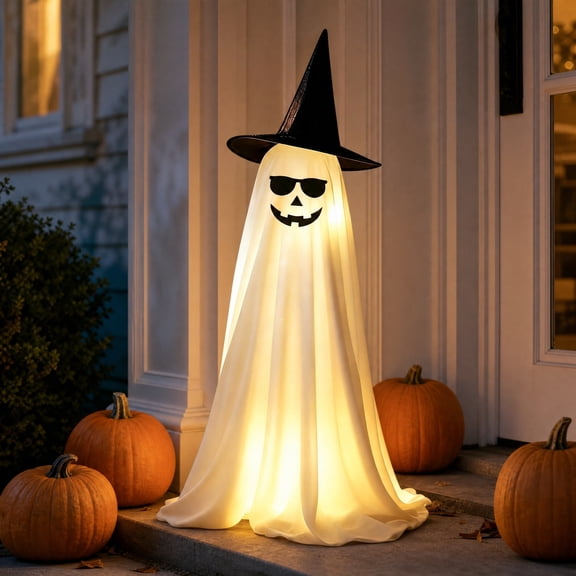 Halloween Ghost Witch Hat Decoration,LED Light Up Ghost Figure,Halloween Yard Decor,Fall Autumn Holiday Party Ornament,Spooky Hanging Decoration For Porch Garden Outdoor Indoor Scene