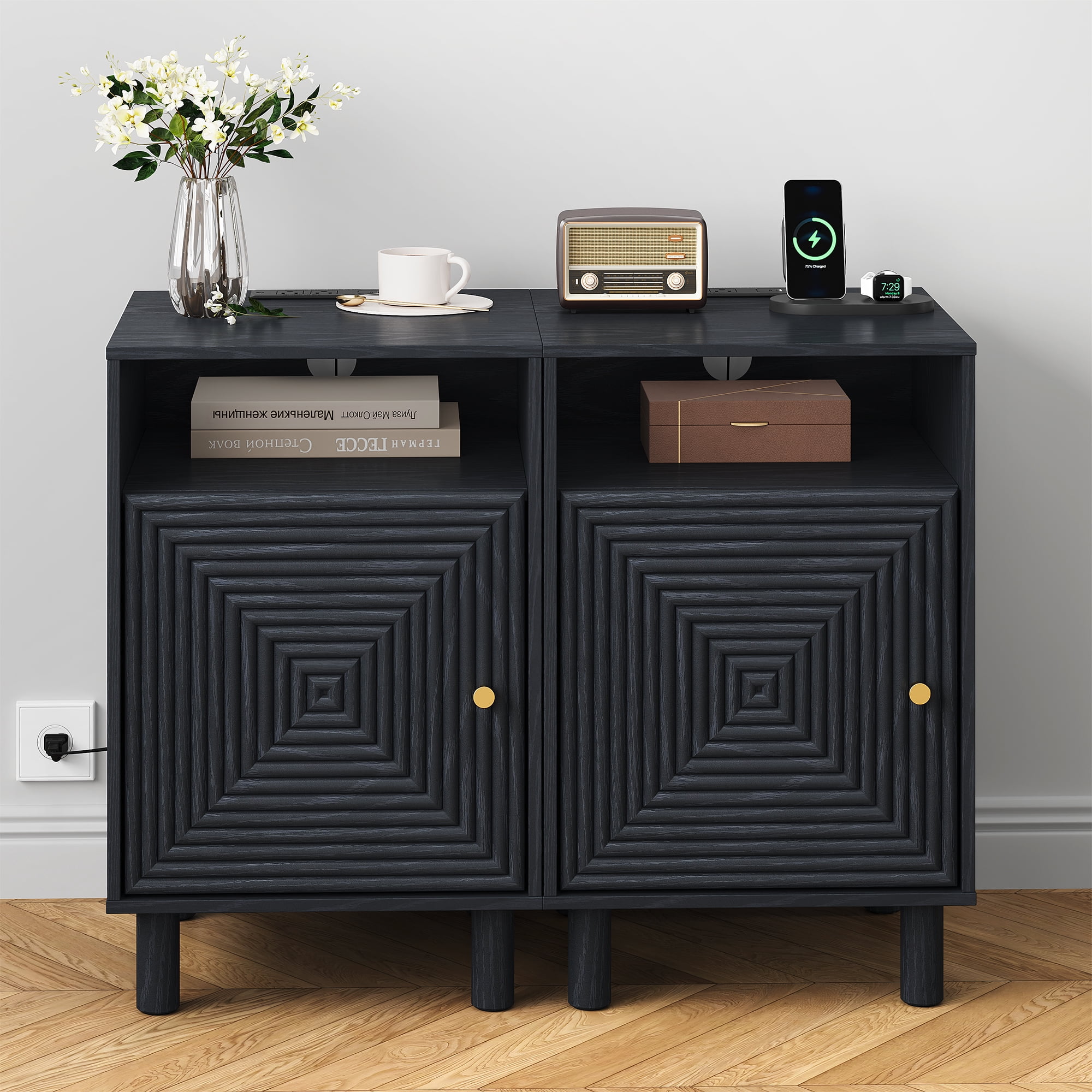 May in Color Nightstand for Bedroom, Black Side Table with Charging Station, Accent Bedside Table with Solid Wood Legs for Living Room