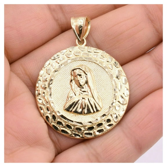 Diamond-Cut Virgin Mary Nugget Medallion Pendant Unisex Adult 10K Yellow Gold,5.40 gr - Goldum NYC