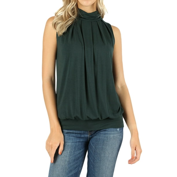 Zenana Women & Plus Sleeveless MockTurtleNeck Pleated Top with