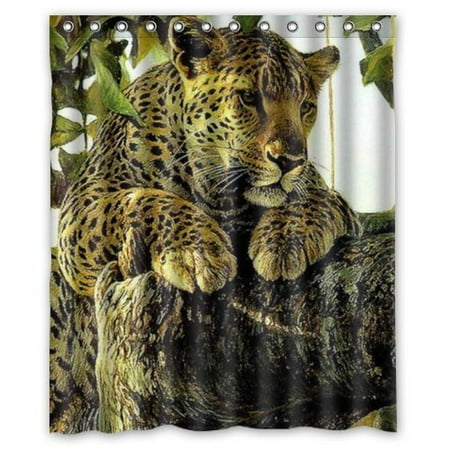 Leopard Print Bathroom Sets GreenDecor The Leopard On The Branch Rest Set Waterproof Shower Curtain Set with Hooks Bathroom Accessories Size 60x72 inches ()