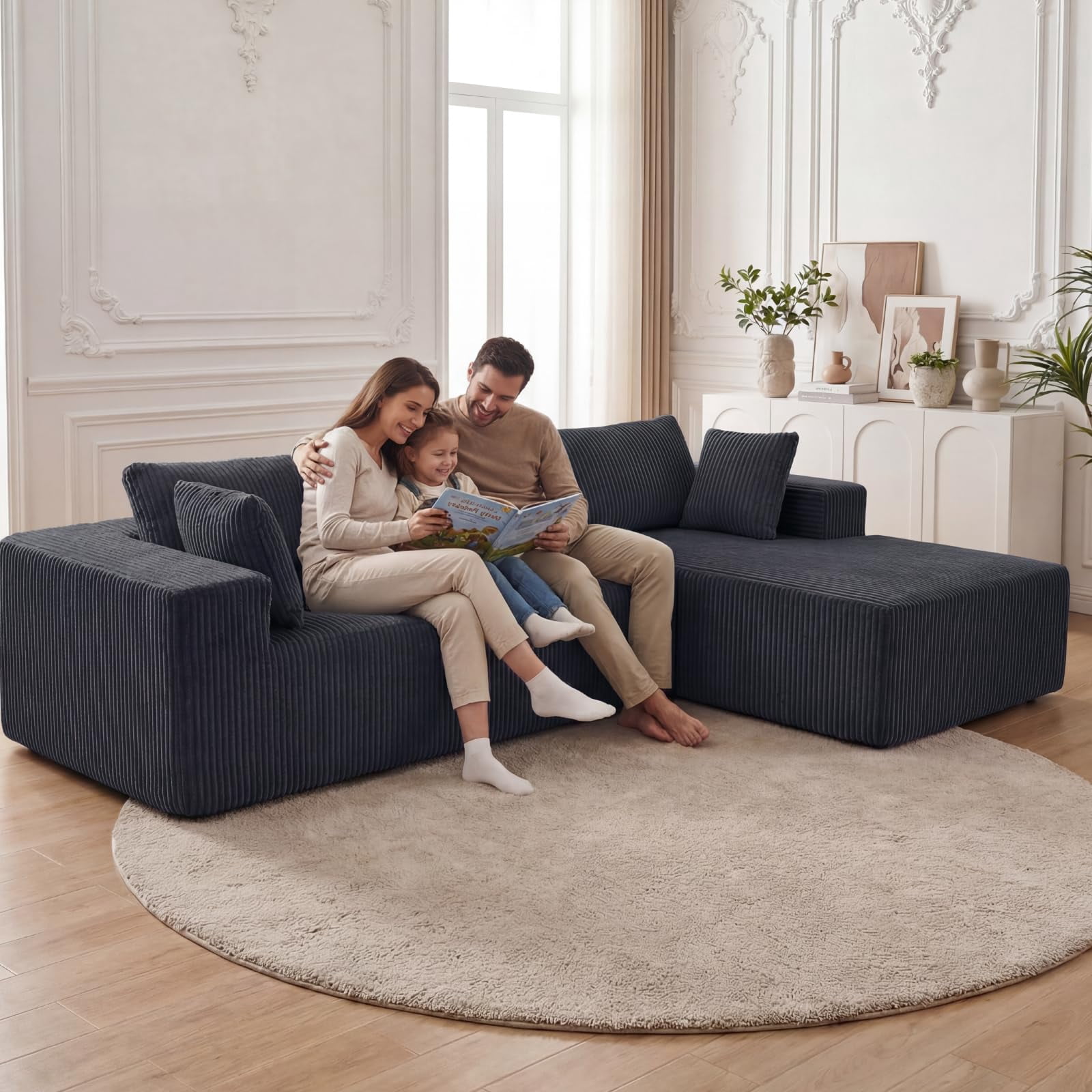 Aukfa 107" Modular Sectional Sofa, Corduroy Upholstered Deep Seat Couch with Right Chaise, Convertible Sleeper, Dark Gray