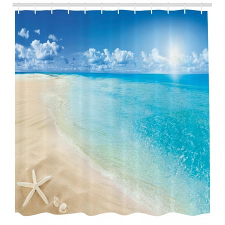 Beach Shower Curtain, Sunny Summer Seashore with Clear Sky Seashells Starfish Clouds Aquatic Picture, Fabric Bathroom Set with Hooks, Aqua Cream Blue, by (Best Way To Clean Seashells)