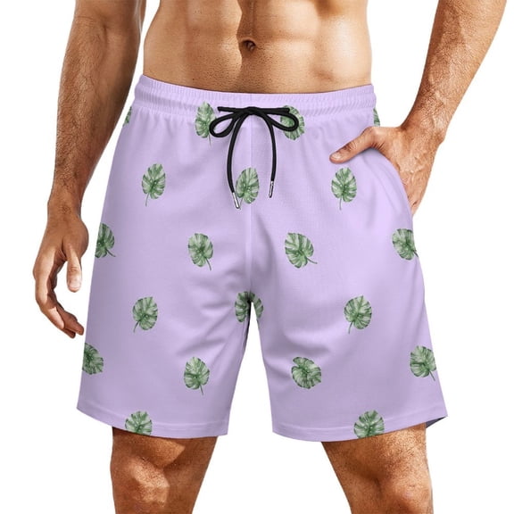 Green Monstera Tropical PatternMen’s Beach Shorts Quick Dry Swim Trunks, Lightweight Board Shorts with Elastic Waist for Swimming, Pool, Vacation and Summer Beachwear