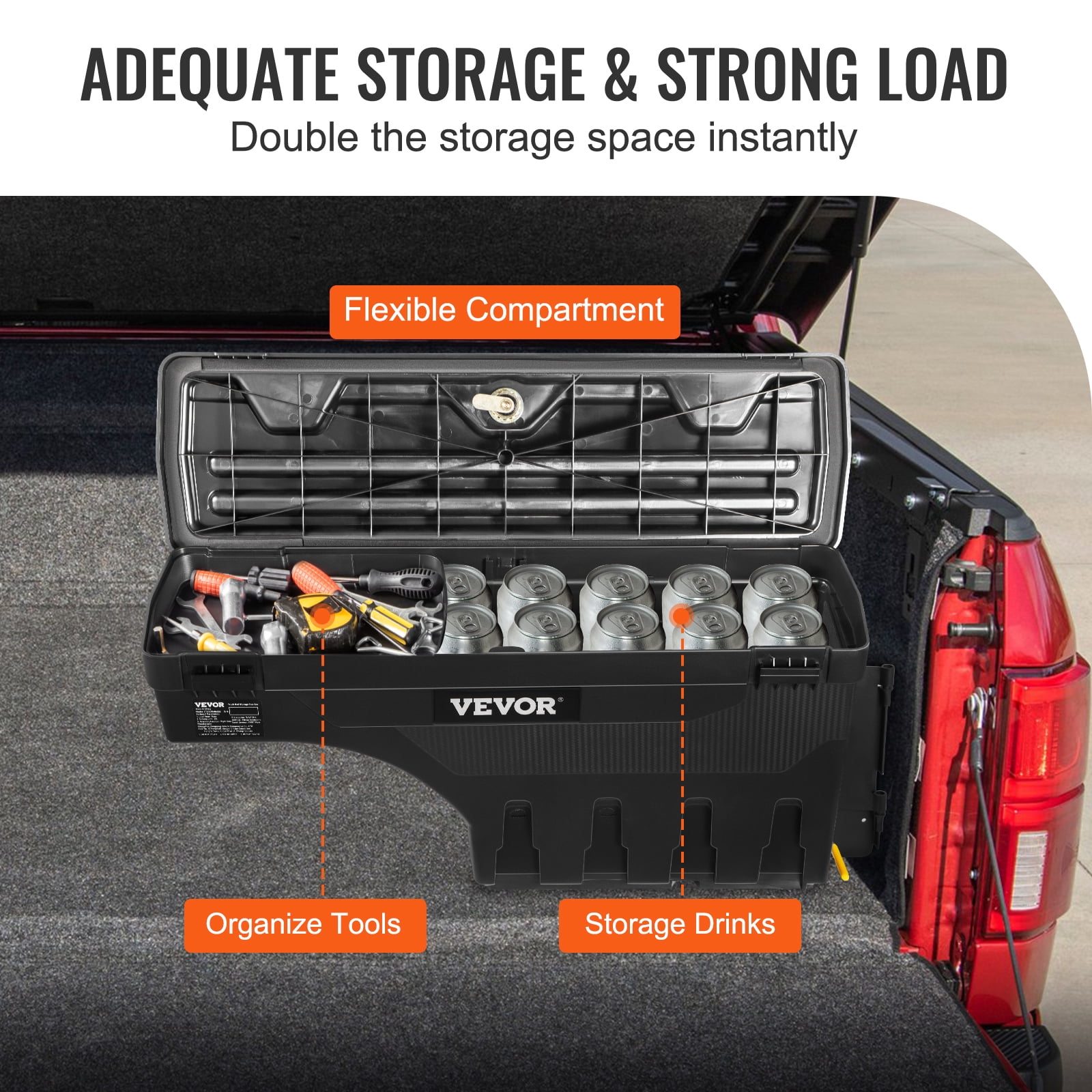 VEVOR Truck Bed Storage Box, Lockable Lid, Waterproof ABS Wheel Well Tool Box 6.6 Gal/20 L, Compatible with Chevrolet Silverado 1500 GMC Sierra 1500 2019-2020, Passenger Side, Black