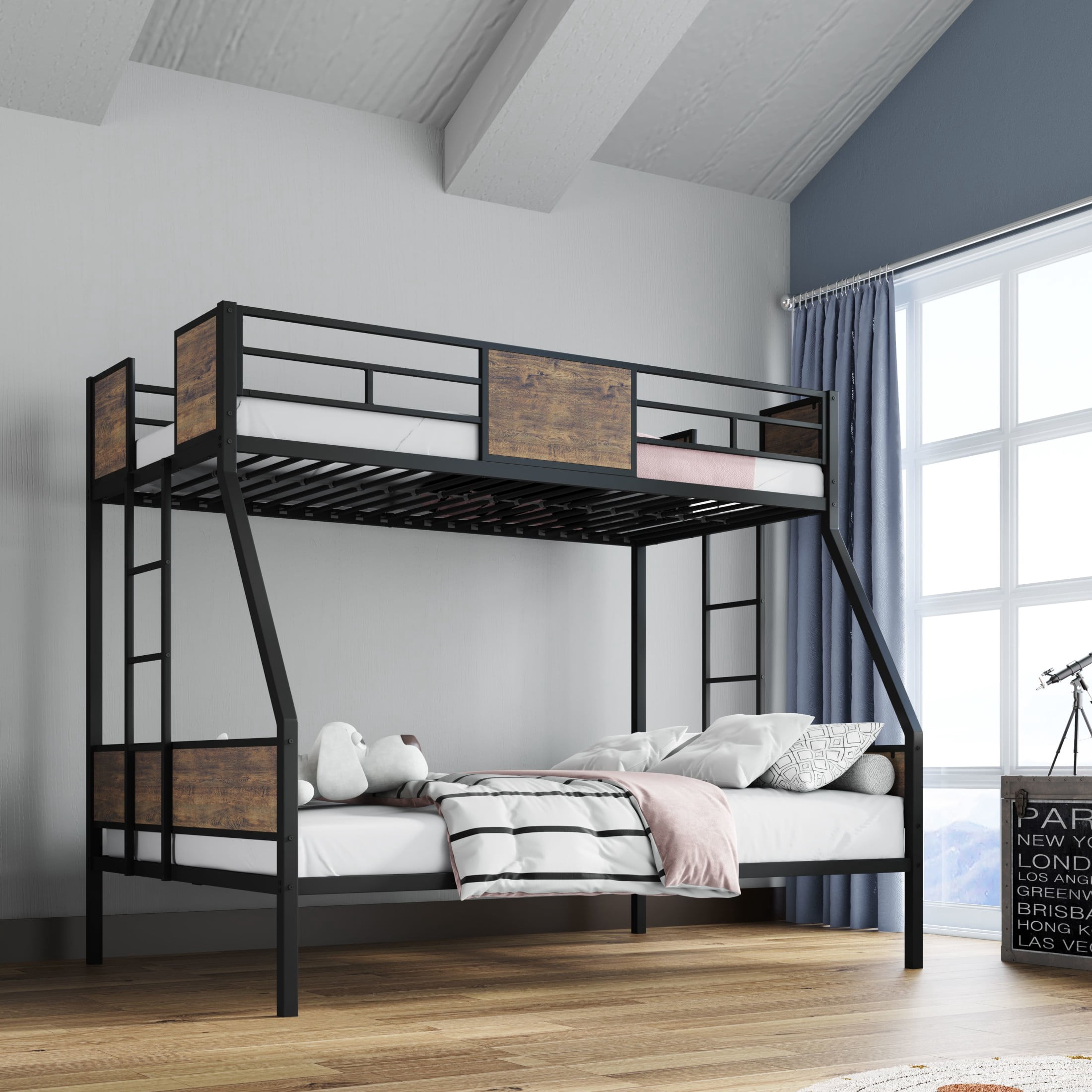 Noble House Twin Over Full Metal Bunk Bed Frame, Safety Guardrails & Built-In Ladders, Protective Board Supports, Black