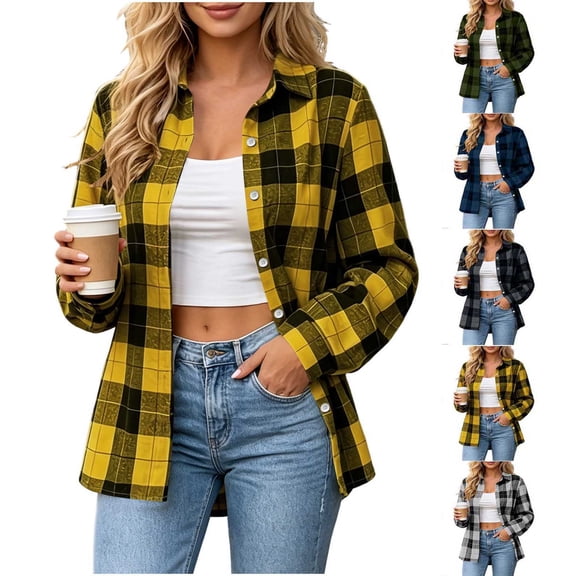 Women Classic Buffalo Plaid Shirt Jacket Button Down Long Sleeve Oversized Flannel Shacket Casual Lapel Open Front Overshirt for Fall Winter
