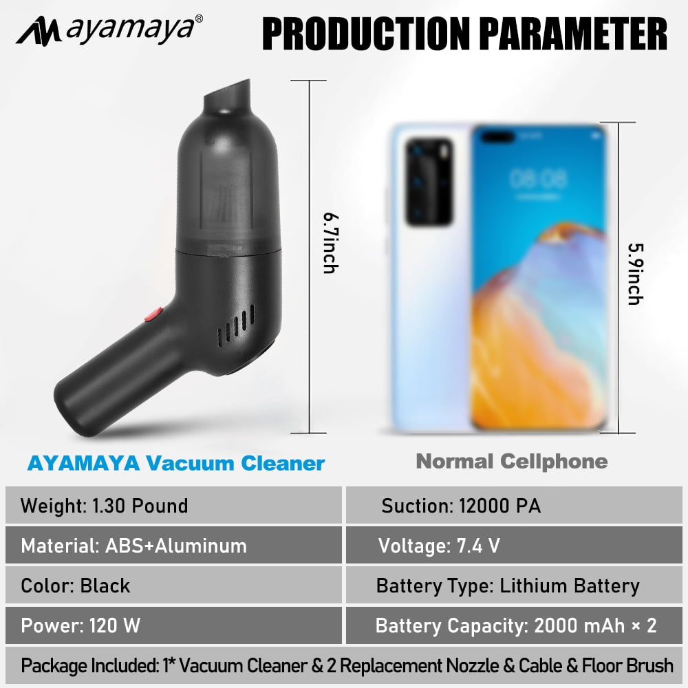 Rechargeable Car Vacuum Cleaner with Brush,AYAMAYA Mini Handheld Vacuum Cordless with 12000PA 120W Power Suction for Home