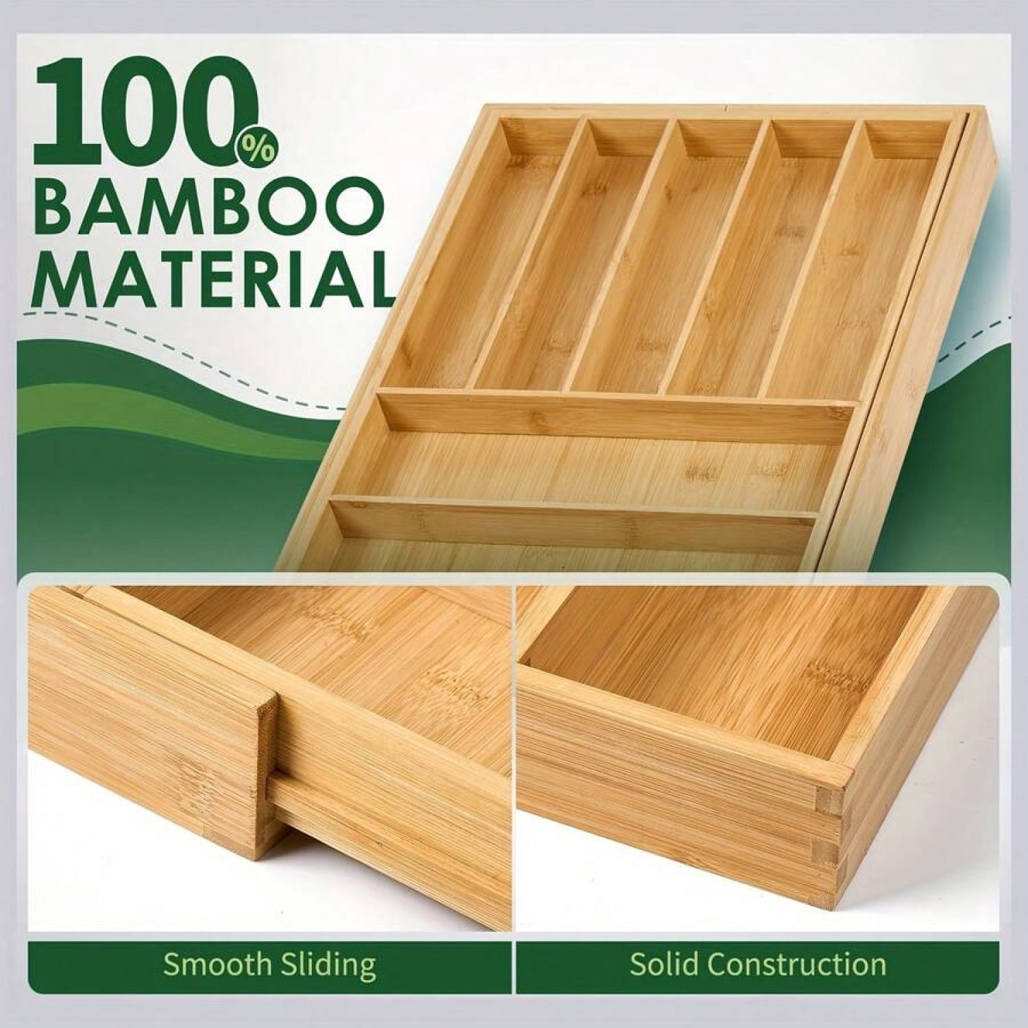 NTGFU Bamboo Expandable Drawer Organizer, 7-9 Slots Adjustable Kitchen Drawer Organizer for Large Cooking Utensils Cutlery, Kitchen Drawer Organization