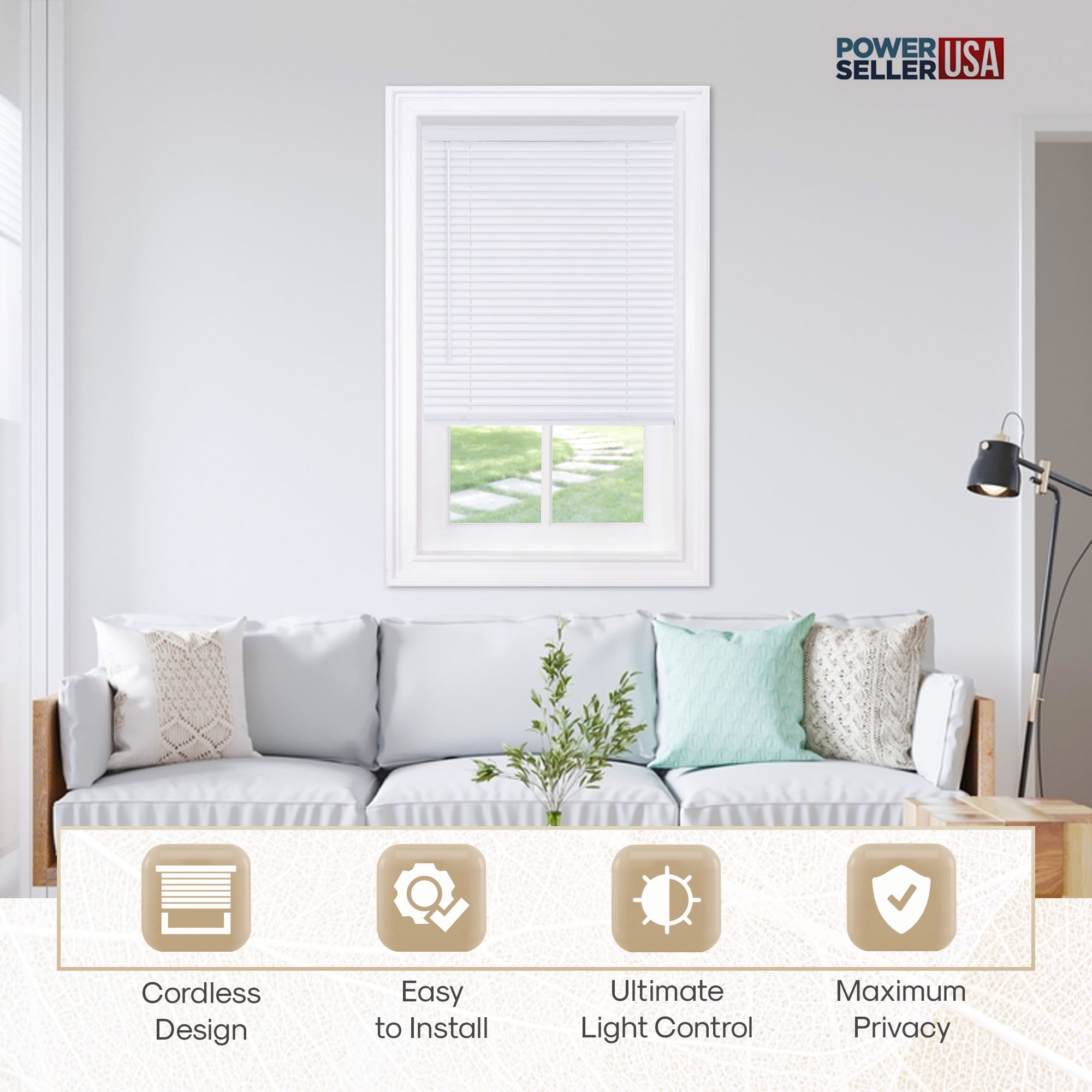 PowerSellerUSA 1" Slats Cordless Window Blinds, 64L x 42W Inches Solid Pattern Light Filtering Vinyl Indoor-Outside Ceiling Mount Mini Blind, Manual Cordless Rollup Window Privacy Blinds, White