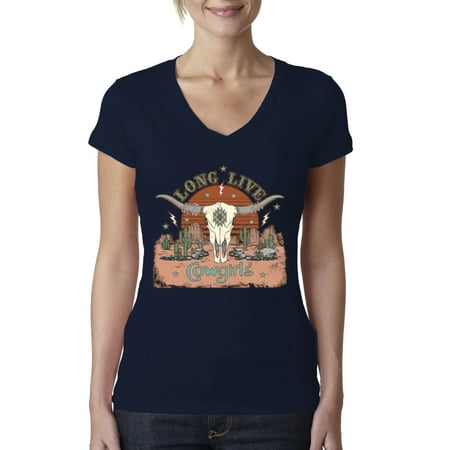 Wild Bobby Long Live Cowgirls Steer Desert Cactus Stars Distress Pop Culture Women Junior Fit V-Neck Tee  Navy  Large
