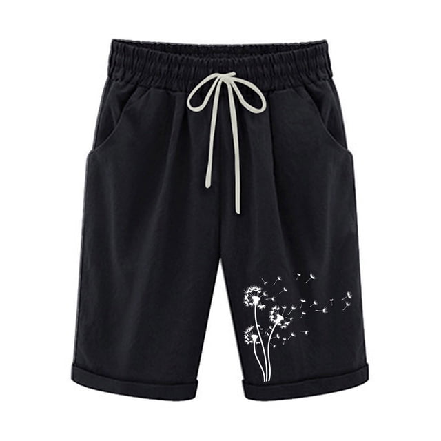 Bowake Summer Shorts for Women Casual Loose Printed Elastic Waist Drawstring Knee Length Shorts with Pockets