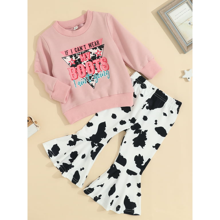 Western Baby Girl Clothes Bell Bottom Outfit Cow Print Long Sleeve T-Shirt  Top Flare Pants Set Cowgirl Outfits 
