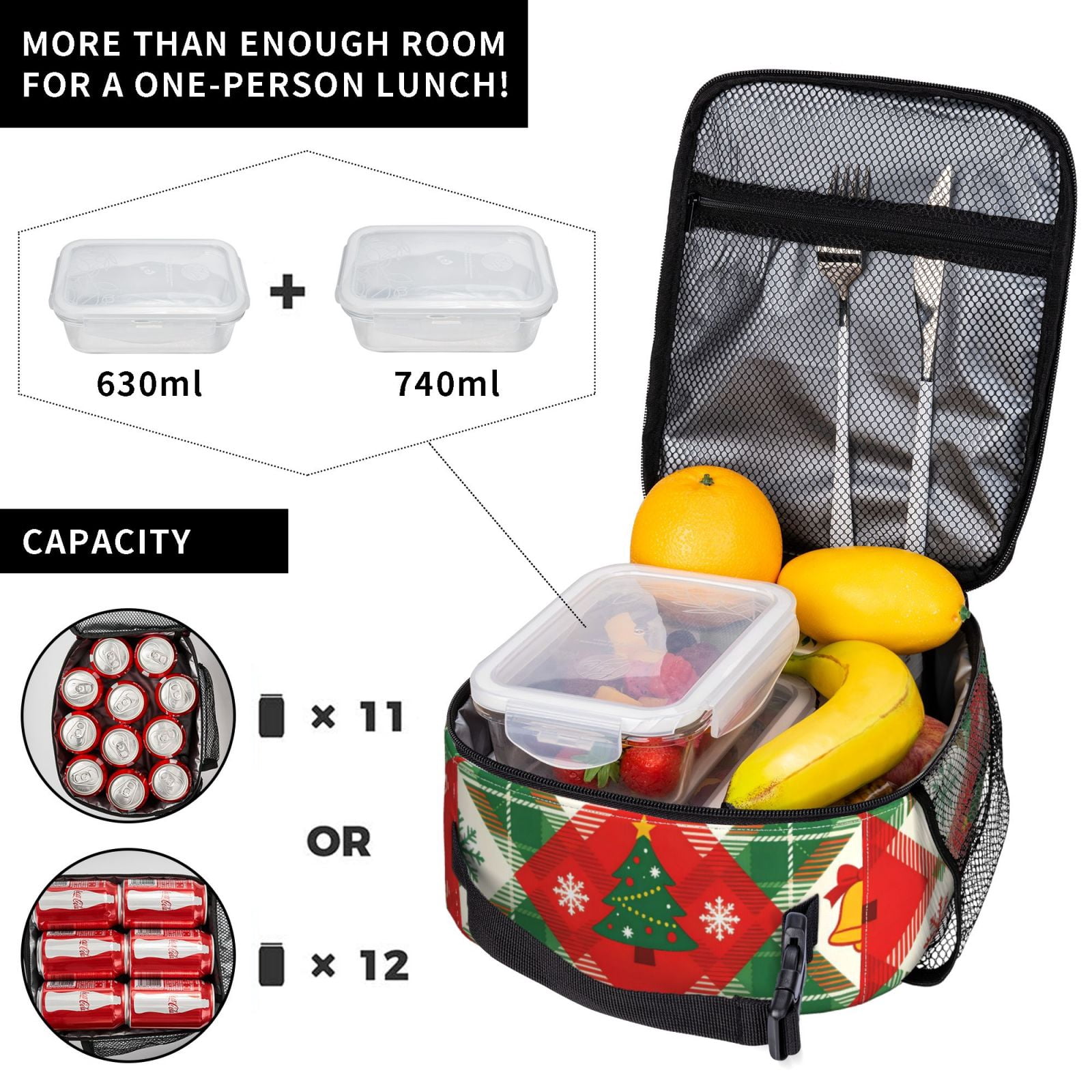Lunch Bag For Women Men Insulated Portable Lunch Box Bento Box Office Picnic Travel Cooler Bag Christmas Checkered Pattern