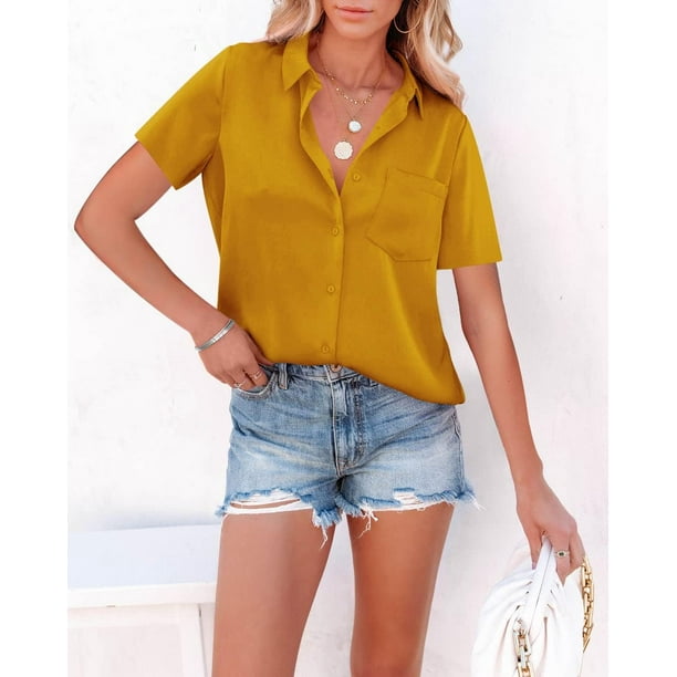 Camisas con botones para mujer cuello en V saten casual manga larga corta blusas lisas blusas de trabajo de oficina con bolsillo Walmart en linea