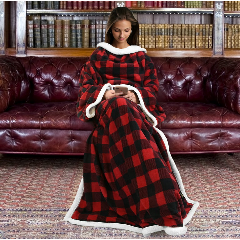 Tirrinia Red Buffalo Plaid Sherpa Wearable Blanket for Adult Women and Men,  Super Soft Comfy Warm Plush Throw with Sleeves TV Blanket Wrap Robe Cover