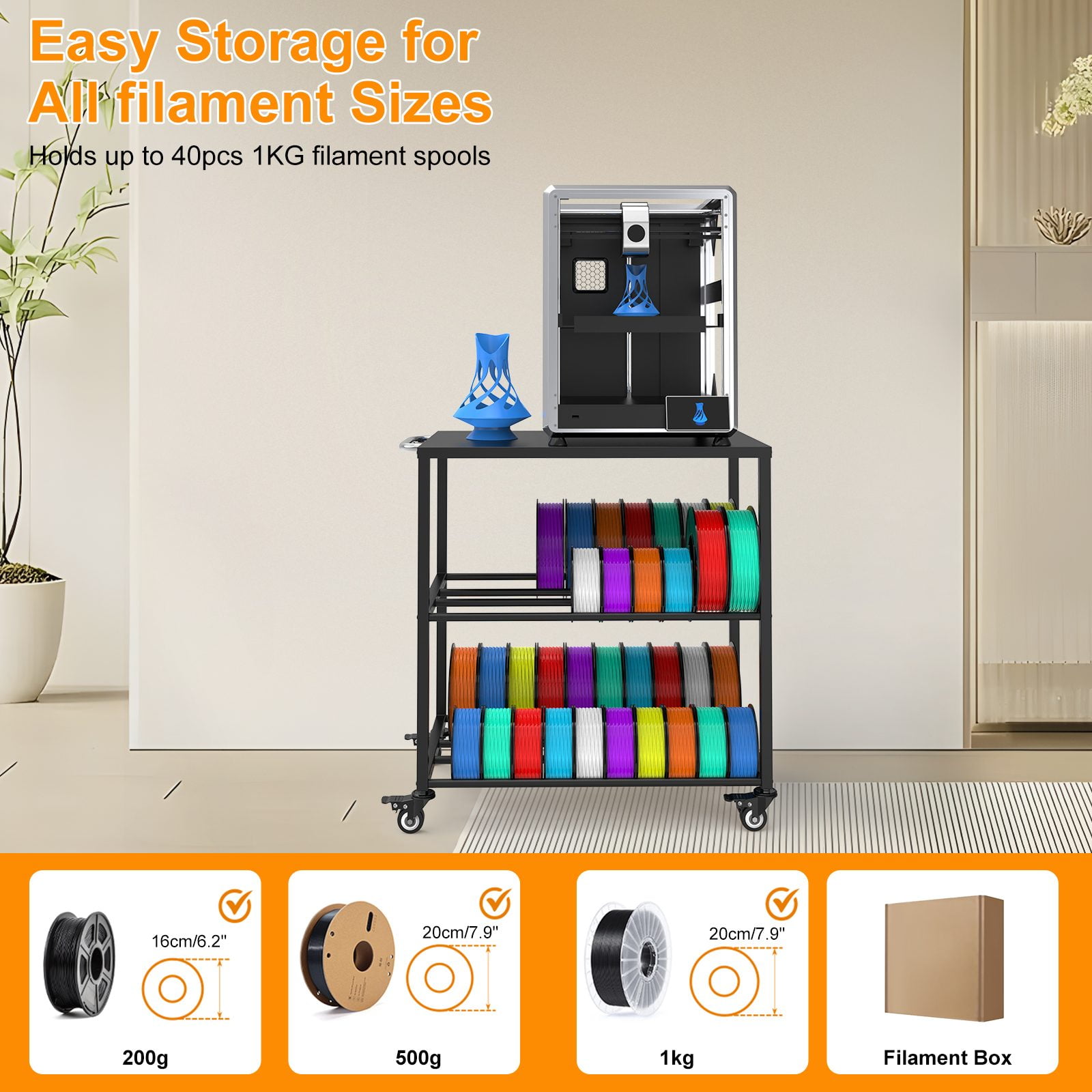 3D Printer Filament Storage Rack, Metal Holders with Wheels for Filament Spools Storage for Home,Office,Workshop(Black)