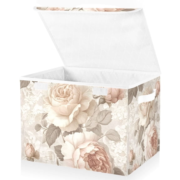 Yayeee Collapsible Cube Storage Bin with Lid Fabric Closet Decorative Basket with Handles, Lace and Floral