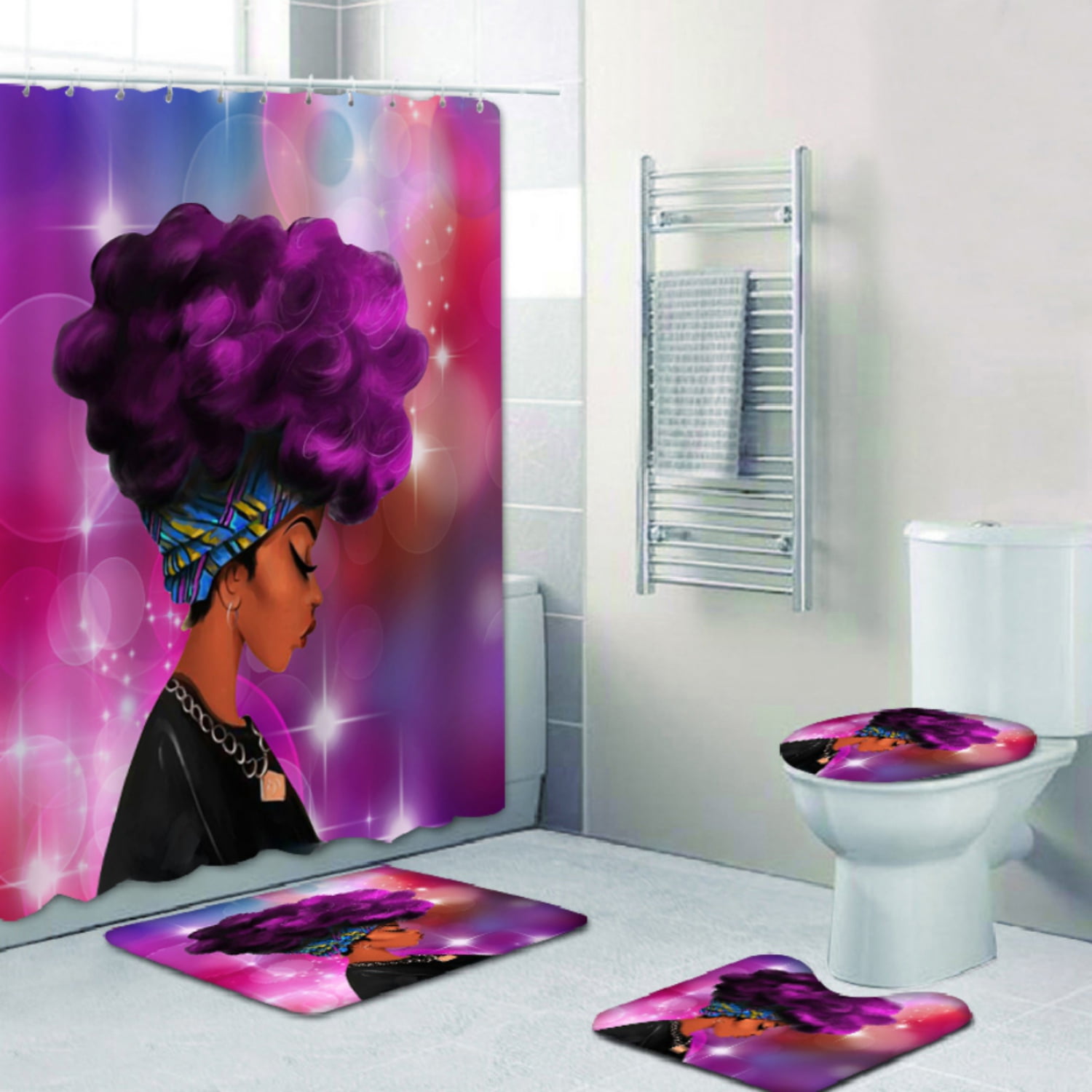 Christmans African Women Black Shower Curtain Girl w/ Purple Hair Afro Hairstyle 
