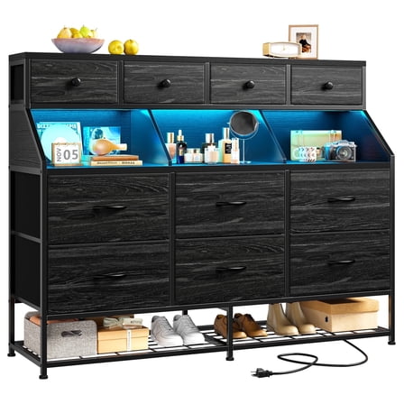 EnHomee Dresser with Shoe Rack 10 Fabric Drawers Dressers for Bedroom Dressers & Chests of Drawers with Power Outlets and LED Lights,Black