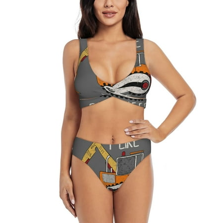 Kdxio I Like Big Digger Print Women s 2 Piece High Waisted Wrap Spaghetti Strap Summer Swimsuit Bikini Set-X-Large