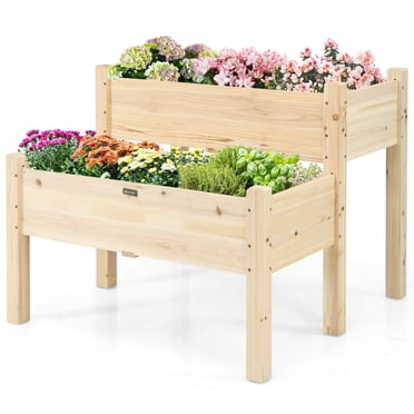 Gymax 2 Tier Wooden Raised Garden Bed 34'' x 33.5'' x 28.5'' Natural Fir Wood with Drainage Holes (1 Count)
