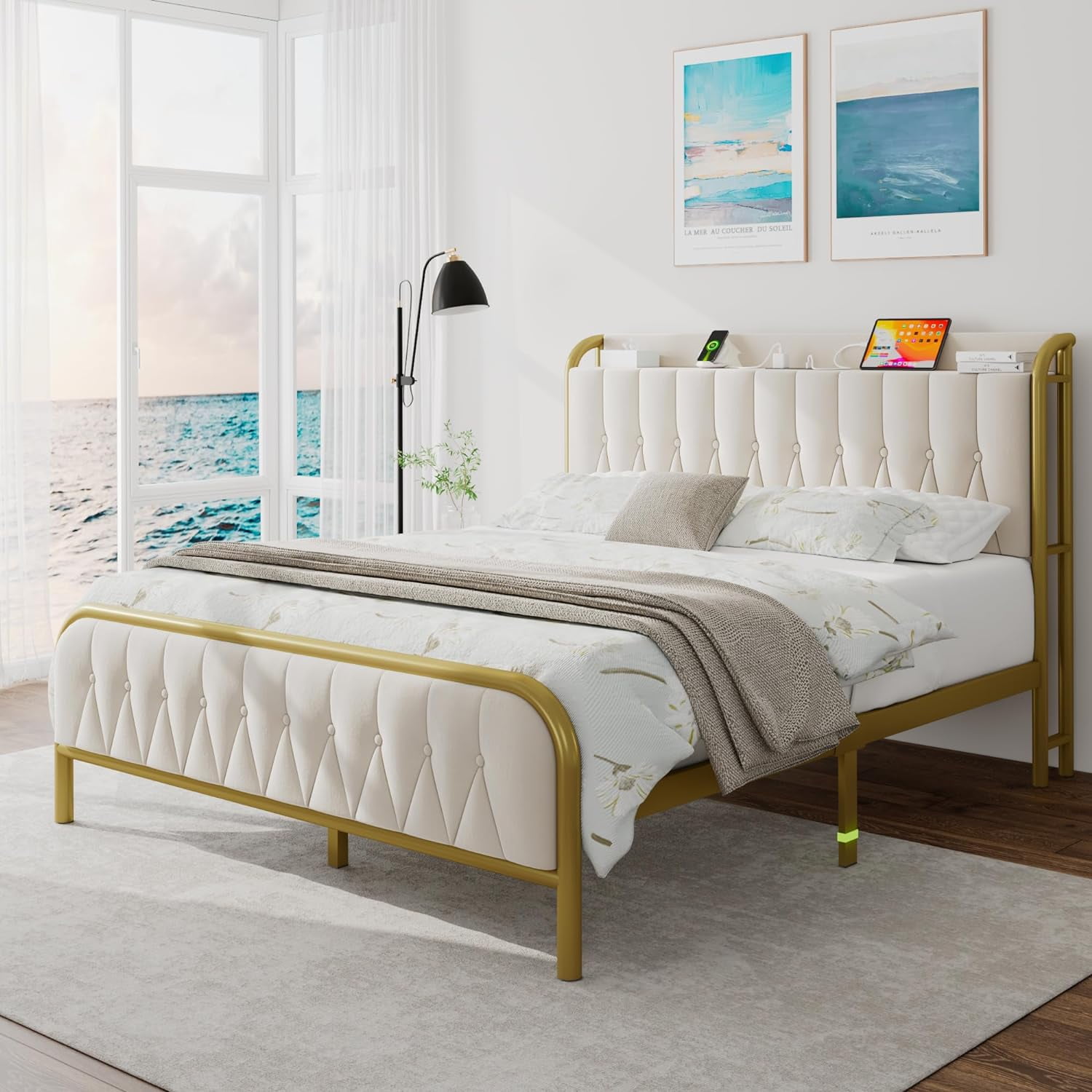 iPormis Full Bed Frame with  USB Ports,12" Underbed Storage Space,Metal Platform Bed, with Velvet Upholstered Headboard & Footboard, Beige