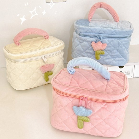 Bolsa de maquillaje de viaje de gran capacidad con correa de mano - Organizador cosmético de terciopelo suave para pintalabios, base de maquillaje y perfume