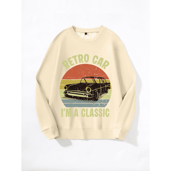 Whichone Men's Retro Car "I'M A CLASSIC" Graphic Crewneck Sweatshirt 100% Polyester Long Sleeve -