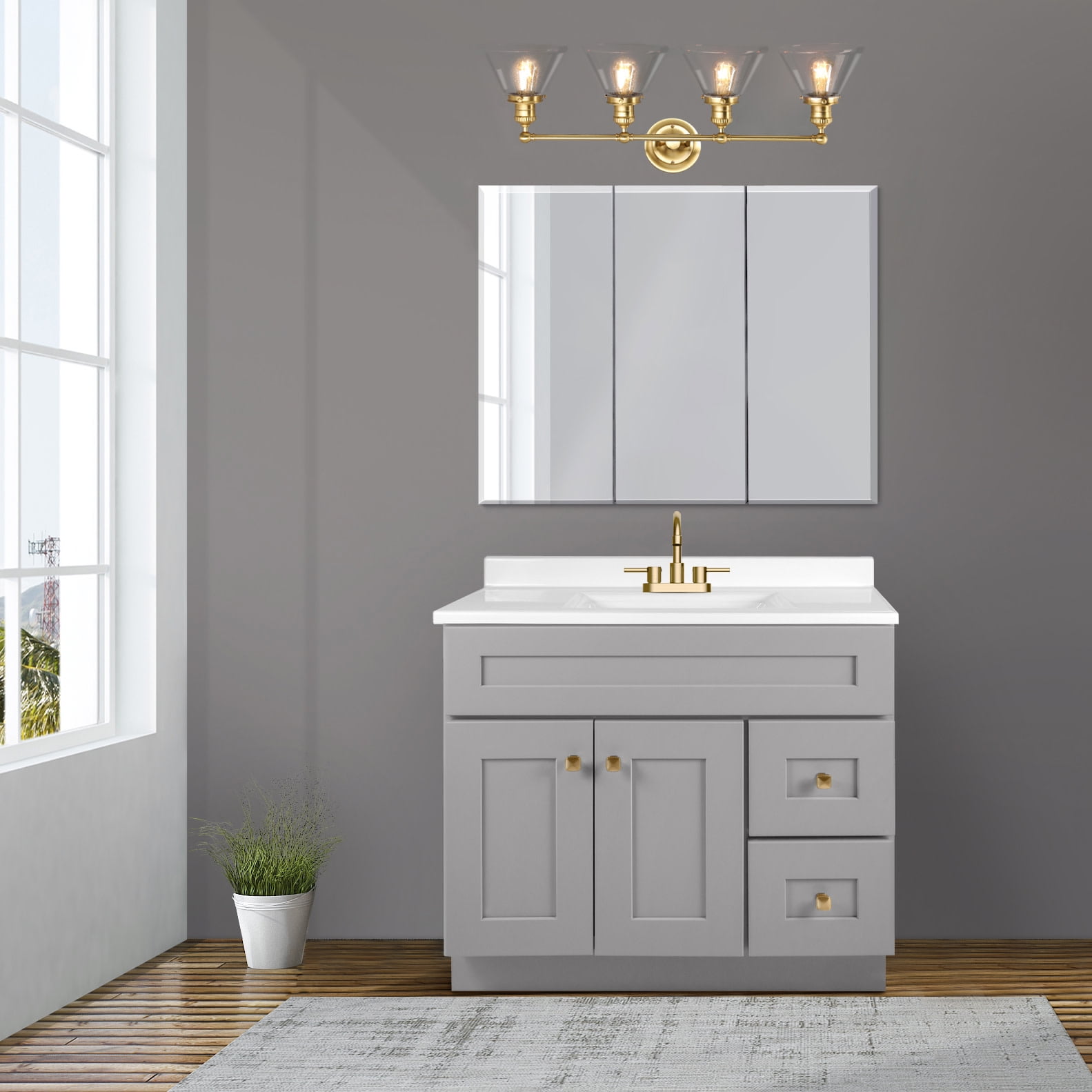 Augustin 35" Satin Gold 4-Light Dimmable Vanity Light With Seeded Glass Shades
