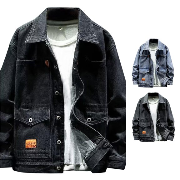 Wxolcjlv Mens Solid Denim Jacket Long Sleeve Lapel Button Front Pocket Casual Daily Wear Outerwear