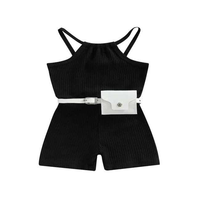 Toddler Baby Girls Summer Romper Solid Color Ribbed Sleeveless Sling Shorts Jumpsuit with Belt Bag Black 18-24 Months