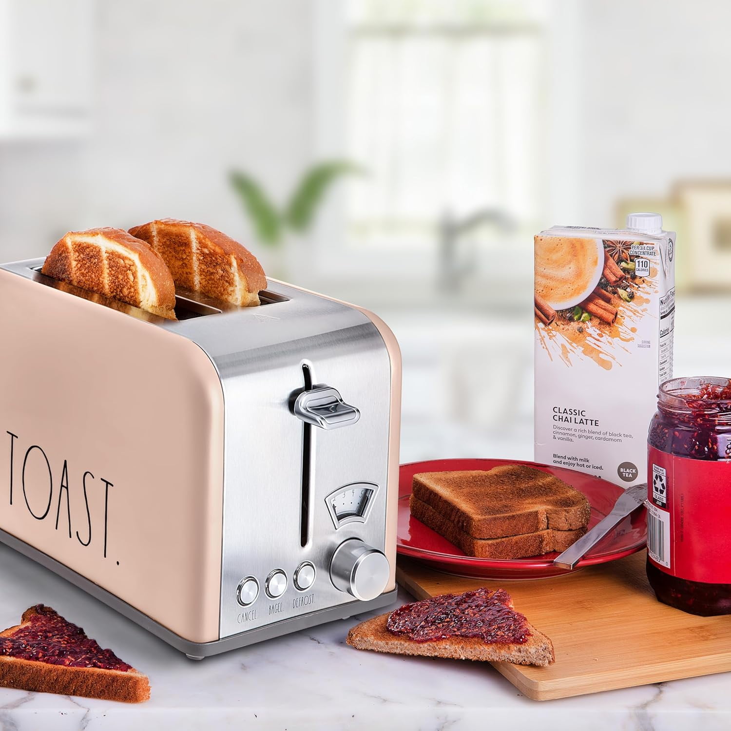 Rae Dunn Toaster, Stainless Steel 2 Slice Toaster with 5 Browning Levels, with Bagel, Defrost and Cancel Options, Blush
