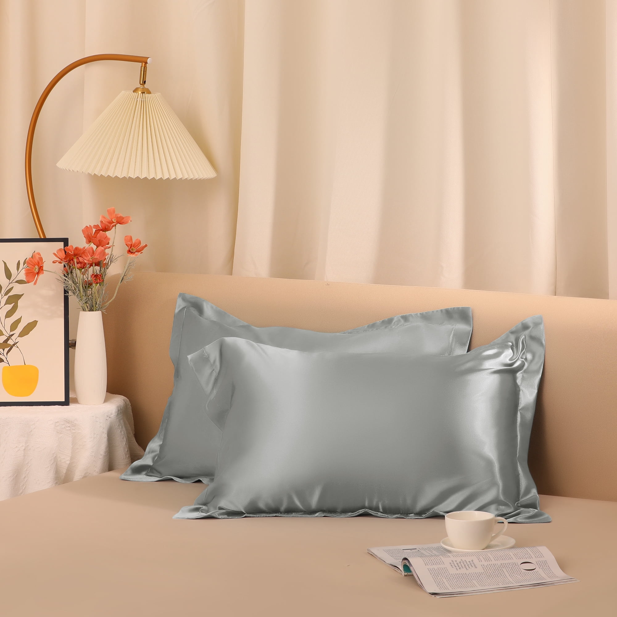 Unique Bargains Envelope Closure Soft and Smooth Satin Pillowcase (2 Count) Gray Queen