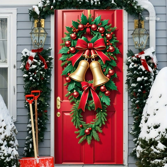 DAMAI Christmas Elf Door Cover 71x35 Inch Front Door Banner for Outdoor Indoor Decorations Large Holiday Wreath Backdrop with Striped Legs Candy Cane Accents Green Red Bow Party Decor