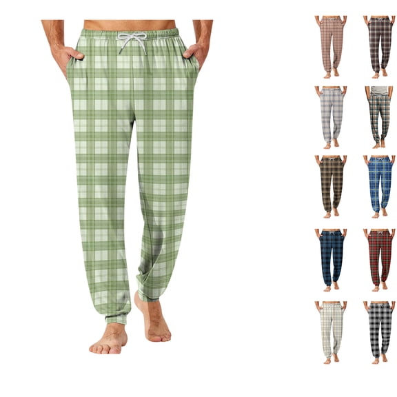 Antinious Men Check Print Elastic Waist Drawstring Pockets Jogger Soft Loose Pajama Full Length Pants