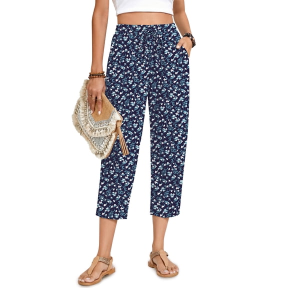 Fantaslook Womens Capri Pants Drawstring Casual Palazzo Trousers with Pockets Loose Floral Lounge Pants Pajama Bottoms