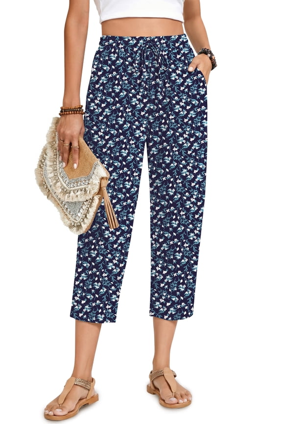 Womens Capri Pants Drawstring Casual Palazzo Trousers with Pockets Loose Floral Lounge Pants Pajama Bottoms