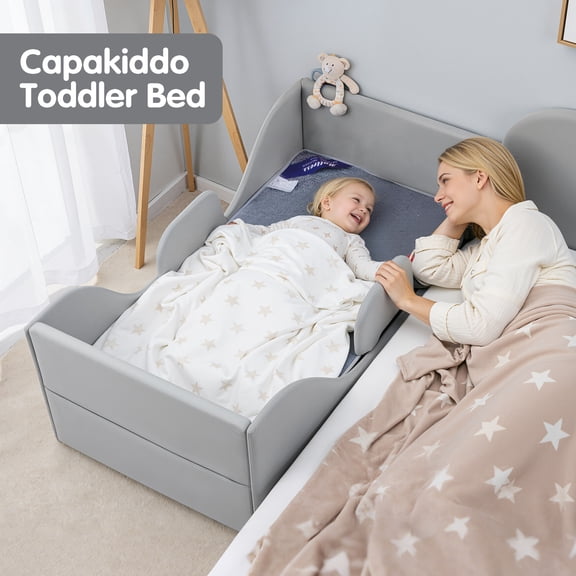 Spanspace Toddler Bed, Toddler Floor Bed – Low-to-Ground Design with Detachable Guard Rails, Soft Upholstered Transition Bed, Standard Crib Size for kids Ages 1–6 (Gray)