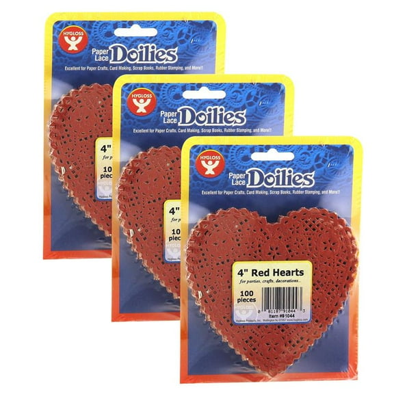 Hygloss Heart Doilies, Red, 4", 100 Per Pack, 3 Packs