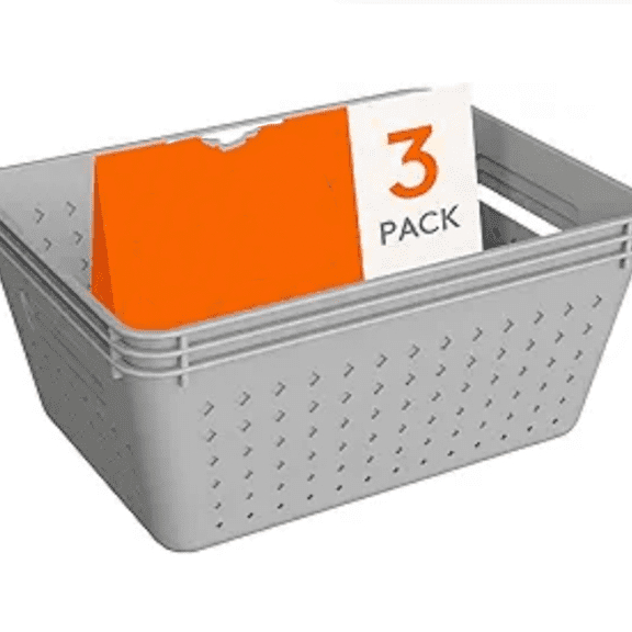 Plastic Storage Basket for Organizing, 3 Pack Stackable Storage Bins, Open Containers for Shelving, Pantry, Office and Cabinet, 3 Large Size, Gray