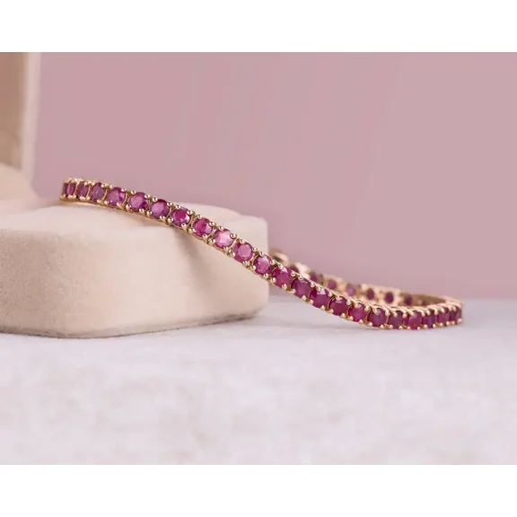 Mangal Jewels 9Ct Round 4mm Pink Ruby Womens 7.5 Inch Tennis Bracelet 14K Yellow Gold Plated