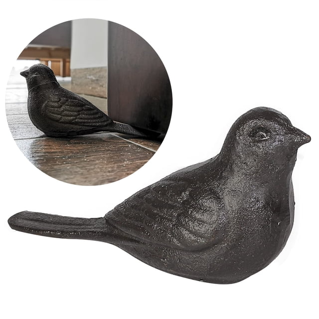 Tope para puerta para piso, decorativo, diseño de pájaro, resistente, hierro fundido, 2 unidades, color marrón oscuro rústico