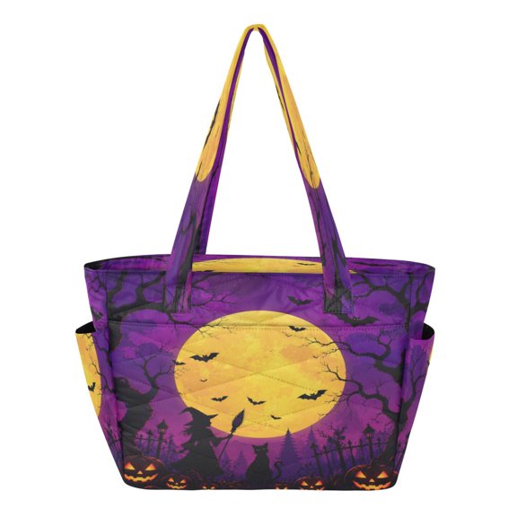 Quilted Tote Bag Large Capacity Multi-Compartment Handbag Purple Halloween Moon Lightweight Structured Shoulder Bag Versatile Casual Bag