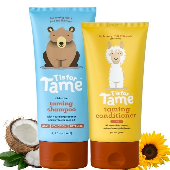 T is for Tame Baby Shampoo & Conditioner for Curls Bundle – Plant-Based Tear-Free Hair Care Set for Babies, Toddlers & Kids – Natural Frizz Control with Coconut Oil & Sunflower Seed Oils