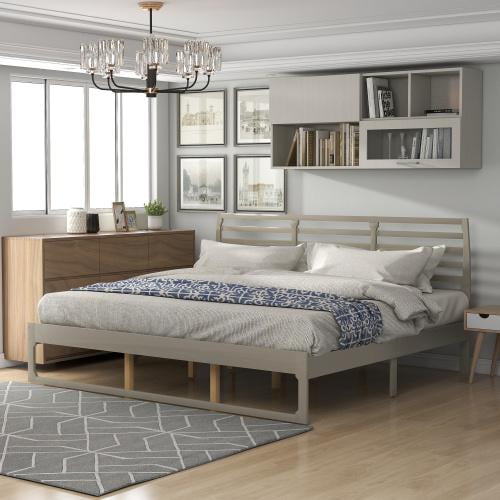P Purlove Wood Platform Bed King Size Frame With Headboard No Box Spring Needed Gray Com P Purlove Wood Platform Bed King Size, King Size Wooden Bed Frame No Headboard