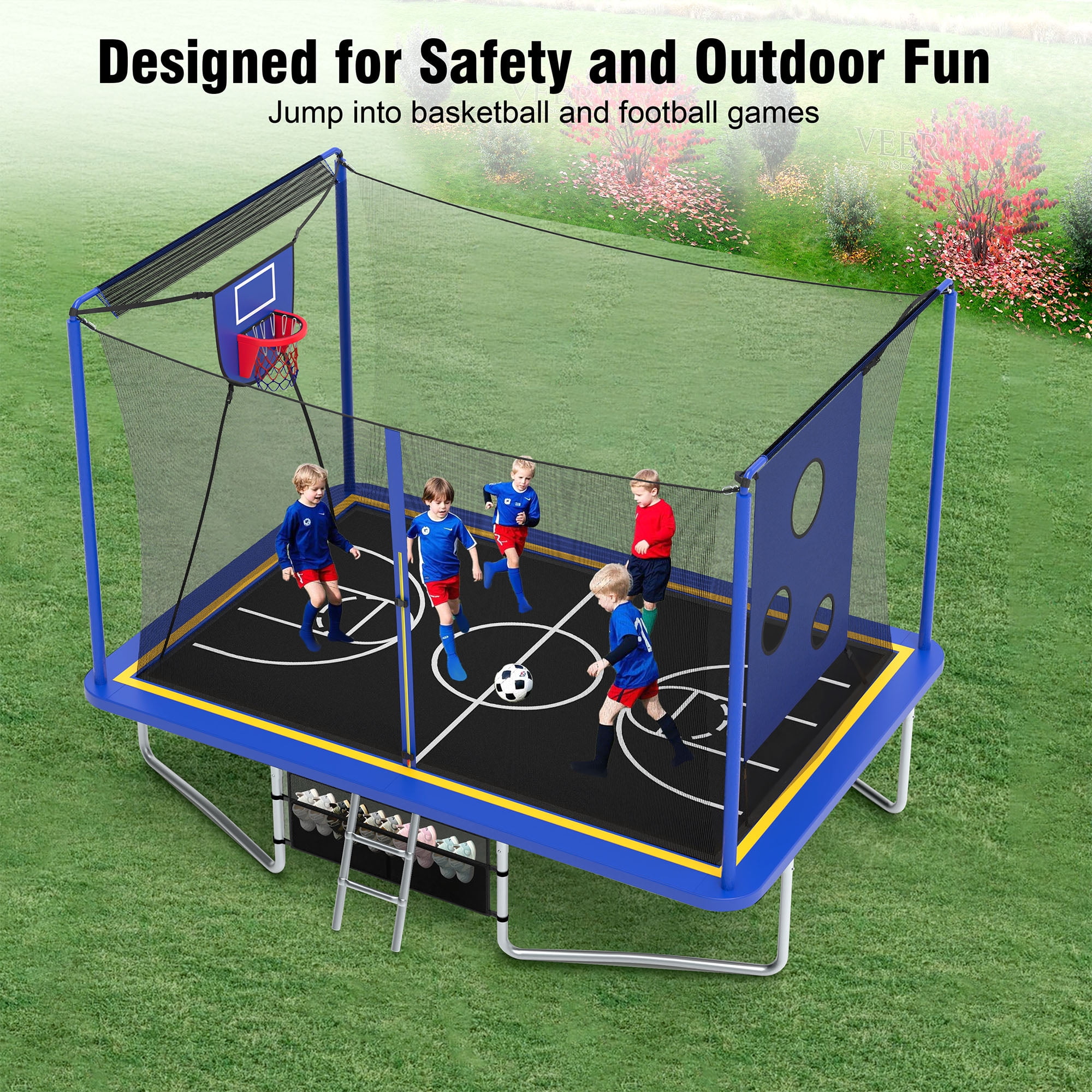 8x12FT Outdoor Trampoline for Kids, 3-IN-1 Rectangle Trampoline with Basketball Hoop, Soccer Target, Adults Trampoline Max Weight 2200LBS, Shoe Bag, Basketball, Soccer