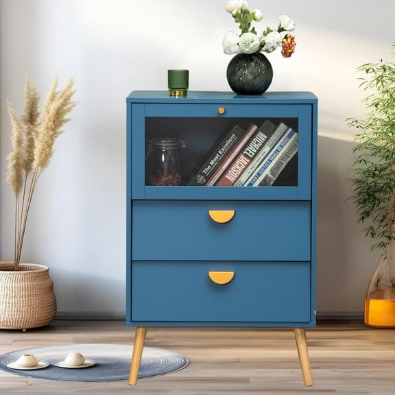 Blue Storage Cabinet with Glass Doors, Sideboard Display Cabinet with 1 Door & 2 Drawers, Rubber Wood Legs, for Bedroom or Living Room