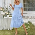thumbnail image 5 of Summer Dresses for Women 2025 New Women's Summer Flowy Maxi Dress Short Sleeve Smocked Tiered Ruffle Boho Dresses with Pockets Light Blue S, 5 of 9